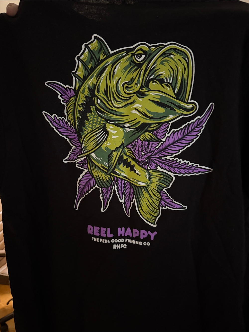 Black Short Sleeve Fishing Graphic Tee with Green Fish